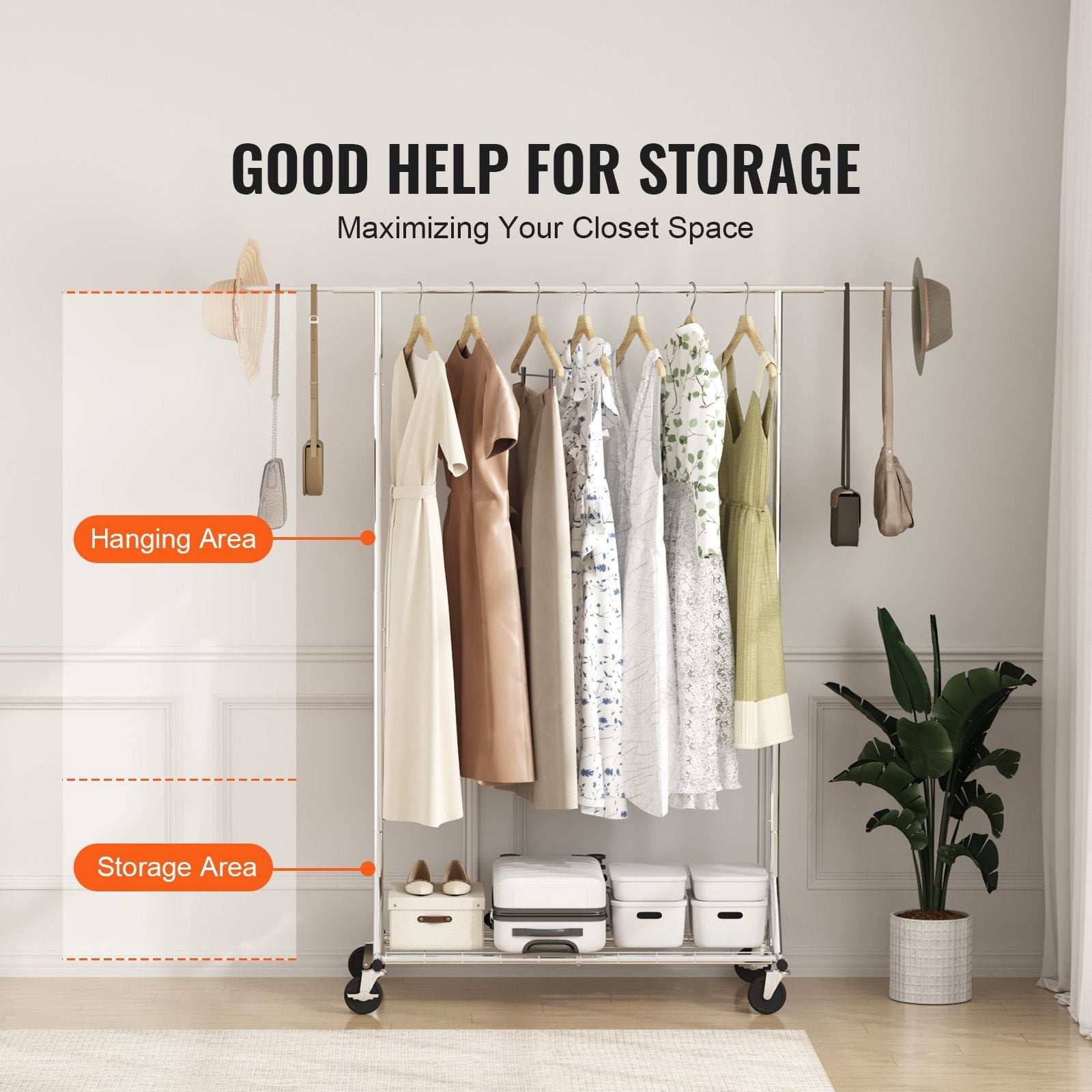 VEVOR Clothes Rack with Wheels, Heavy Duty Clothing Garment Rack, Commercial Clothing Rack for Hanging Clothes with Bottom Storage Area, 450 lbs Load Capacity, Adjustable Height and Extendable Length