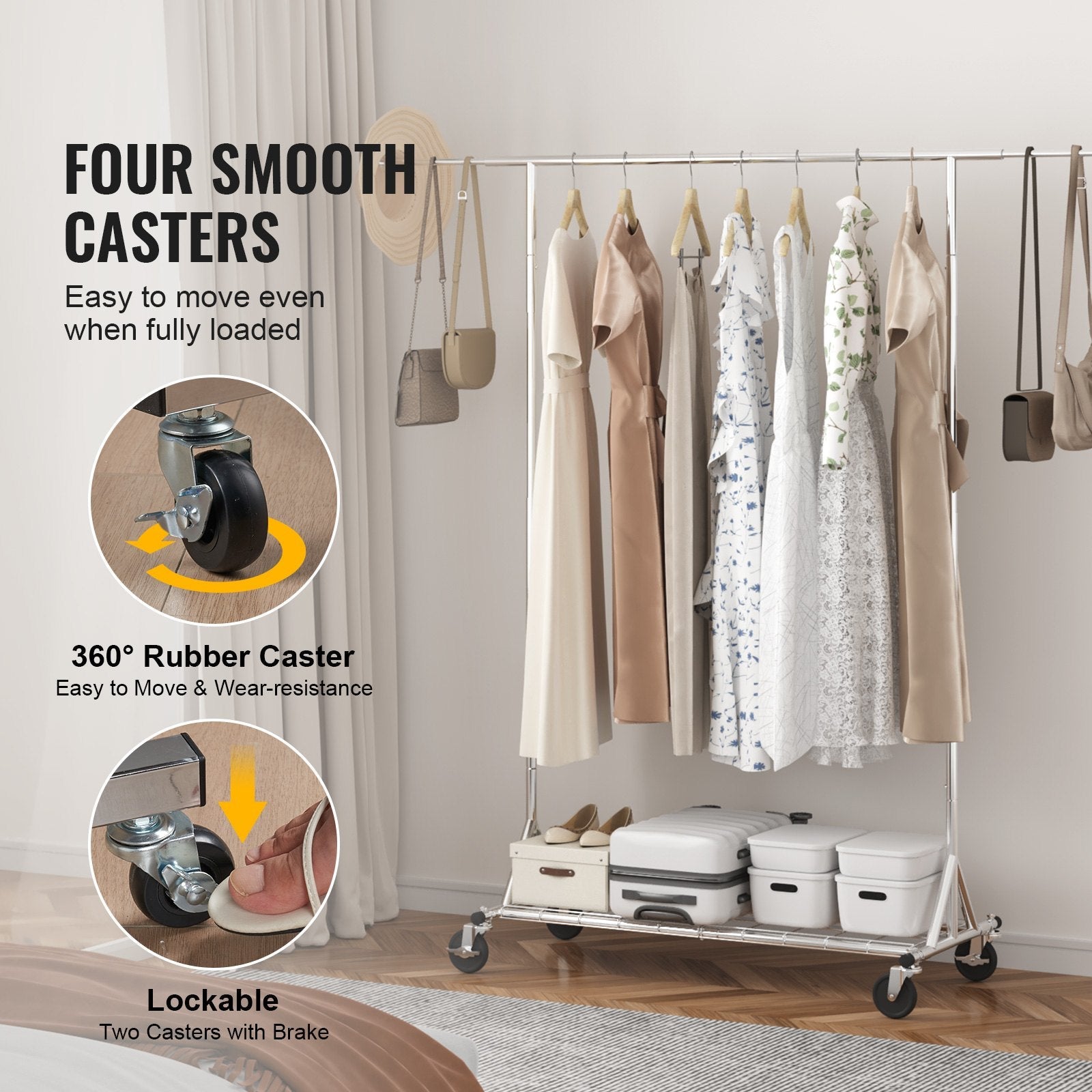 VEVOR Clothes Rack with Wheels, Heavy Duty Clothing Garment Rack, Commercial Clothing Rack for Hanging Clothes with Bottom Storage Area, 450 lbs Load Capacity, Adjustable Height and Extendable Length