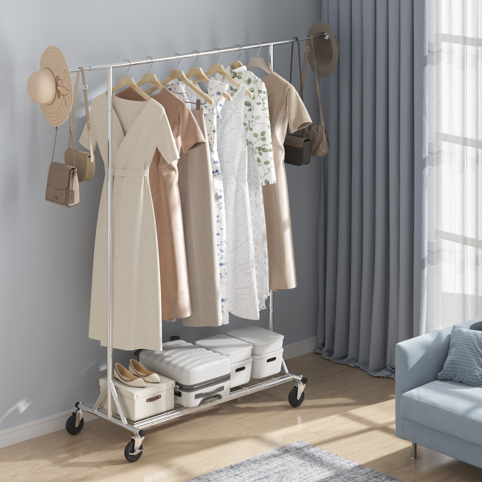VEVOR Clothes Rack with Wheels, Heavy Duty Clothing Garment Rack, Commercial Clothing Rack for Hanging Clothes with Bottom Storage Area, 450 lbs Load Capacity, Adjustable Height and Extendable Length