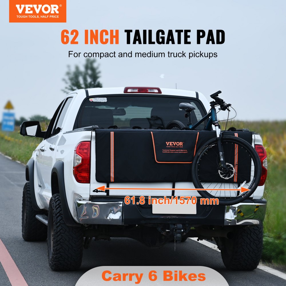 VEVOR Tailgate Bike Pad, 62" Truck Tailgate Pad Carry 6 Mountain Bikes, Tailgate Protection Pad with Reflective Strips and Tool Pockets, Tailgate Pad with Camera Opening for Pickup Trucks