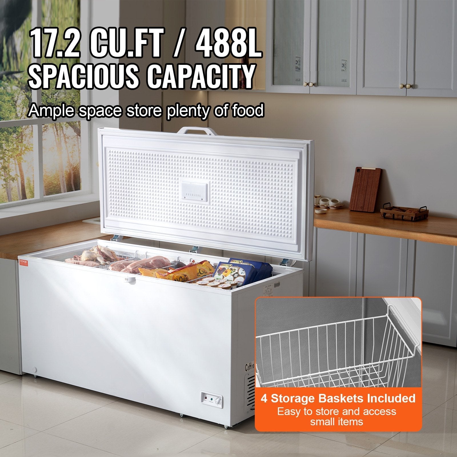 VEVOR Chest Freezer, 17.2 cu.ft / 488 L Large Deep Freezer & 4 Removable Baskets, Freestanding Top Open Door Commercial Chest Freezers with Locking Lid, 7-Level Adjustable Temp, LED Lighting, 6 Wheels