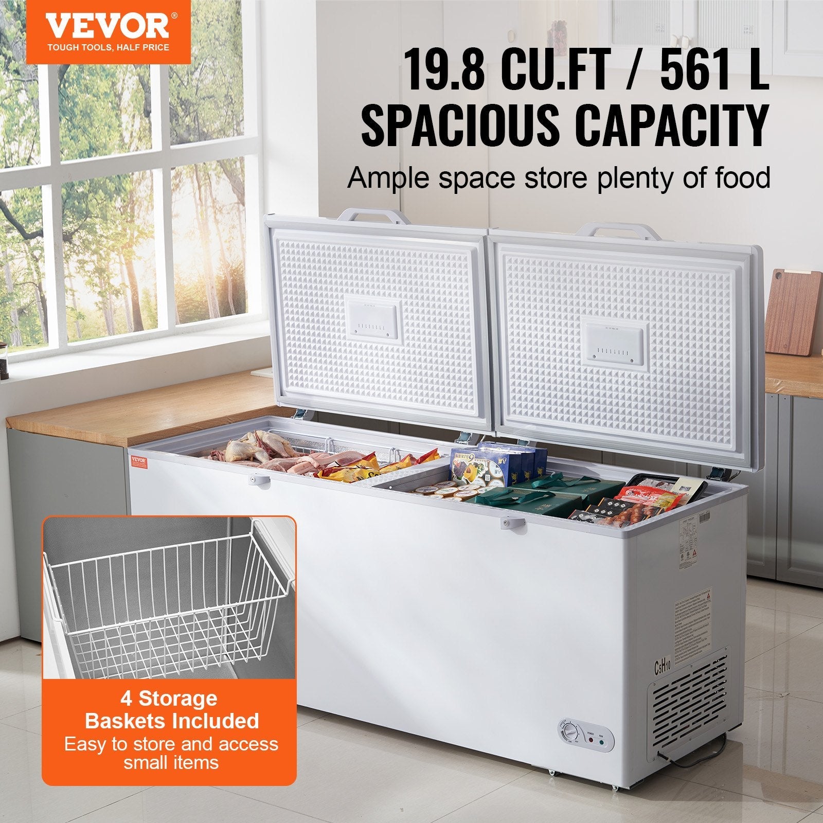 VEVOR Chest Freezer, 19.8 cu.ft / 561 L Large Deep Freezer with Split Top Double Locking Lids, Freestanding Commercial Chest Freezer & 4 Removable Baskets, 7-Level Adjustable Temp, LED Light, 6 Wheels