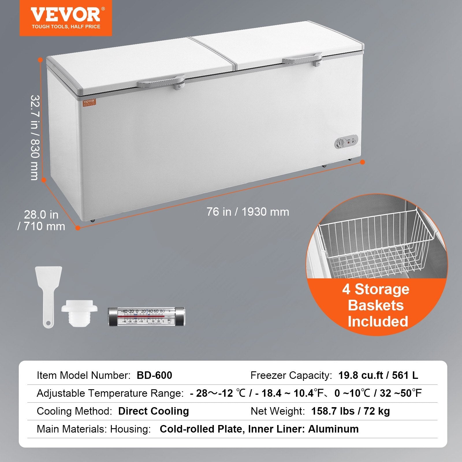 VEVOR Chest Freezer, 19.8 cu.ft / 561 L Large Deep Freezer with Split Top Double Locking Lids, Freestanding Commercial Chest Freezer & 4 Removable Baskets, 7-Level Adjustable Temp, LED Light, 6 Wheels