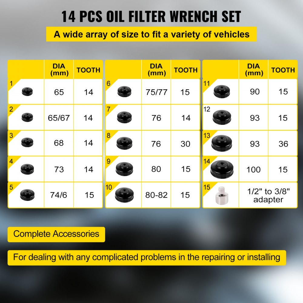VEVOR Oil Filter Socket Set, 14 Pcs Oil Filter Wrench Set, Sturdy Steel Oil Filter Socket, 3/8" Oil Filter Socket, Low Profile Oil Filter Socket Set For Easy Access, Oil Filter Wrench Cap Set w/ Case