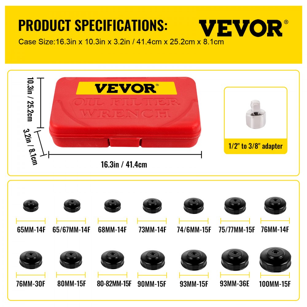 VEVOR Oil Filter Socket Set, 14 Pcs Oil Filter Wrench Set, Sturdy Steel Oil Filter Socket, 3/8" Oil Filter Socket, Low Profile Oil Filter Socket Set For Easy Access, Oil Filter Wrench Cap Set w/ Case