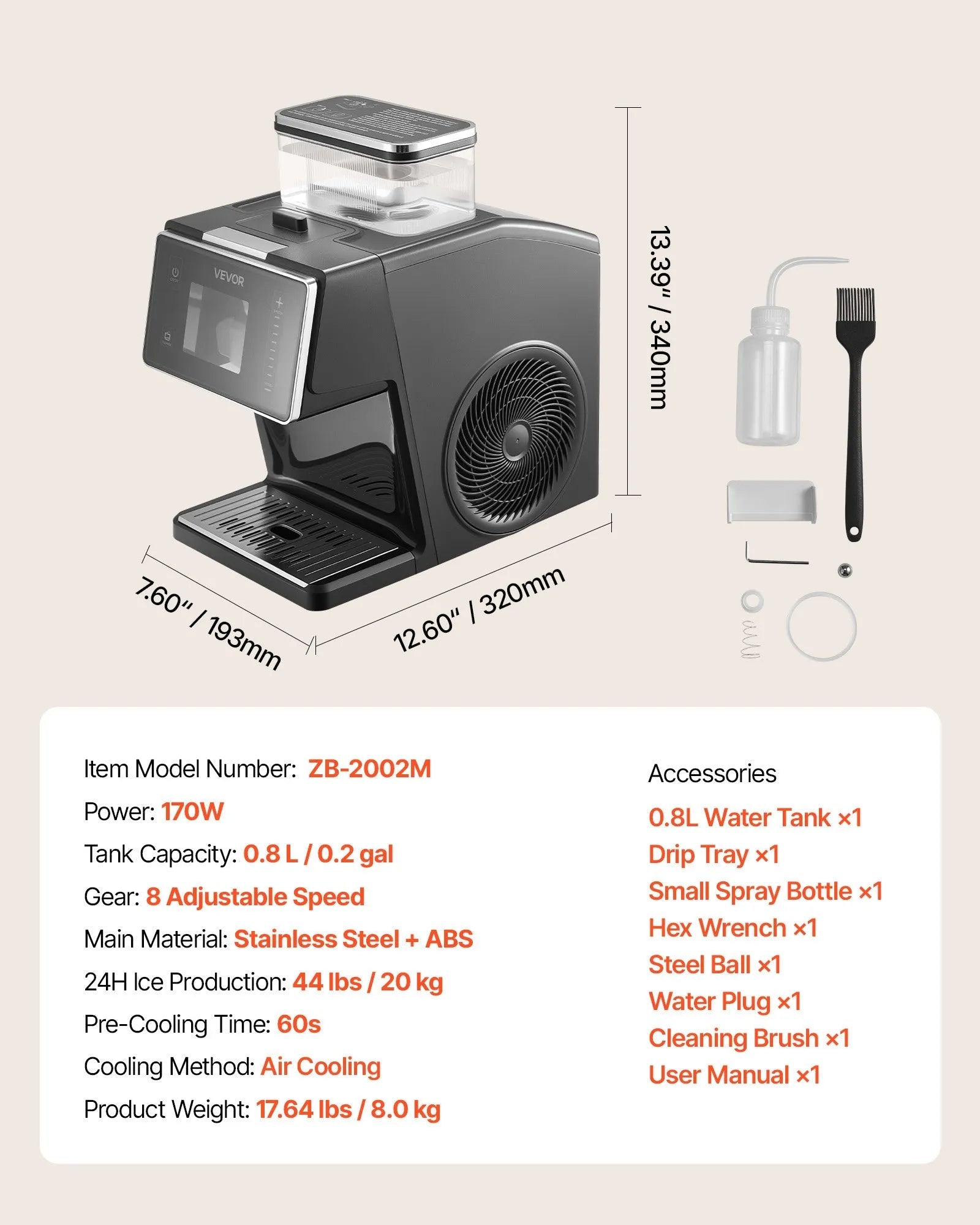 VEVOR Snowflake Ice Machine, 44LBS/24H Snowflake Ice Maker, Ice-Shaver Machine with Stainless Steel Blade, Electric Snow Cone Maker with 0.2 Gal Tank, 60S Fast Pre-Cooling, for Home & Small Gatherings