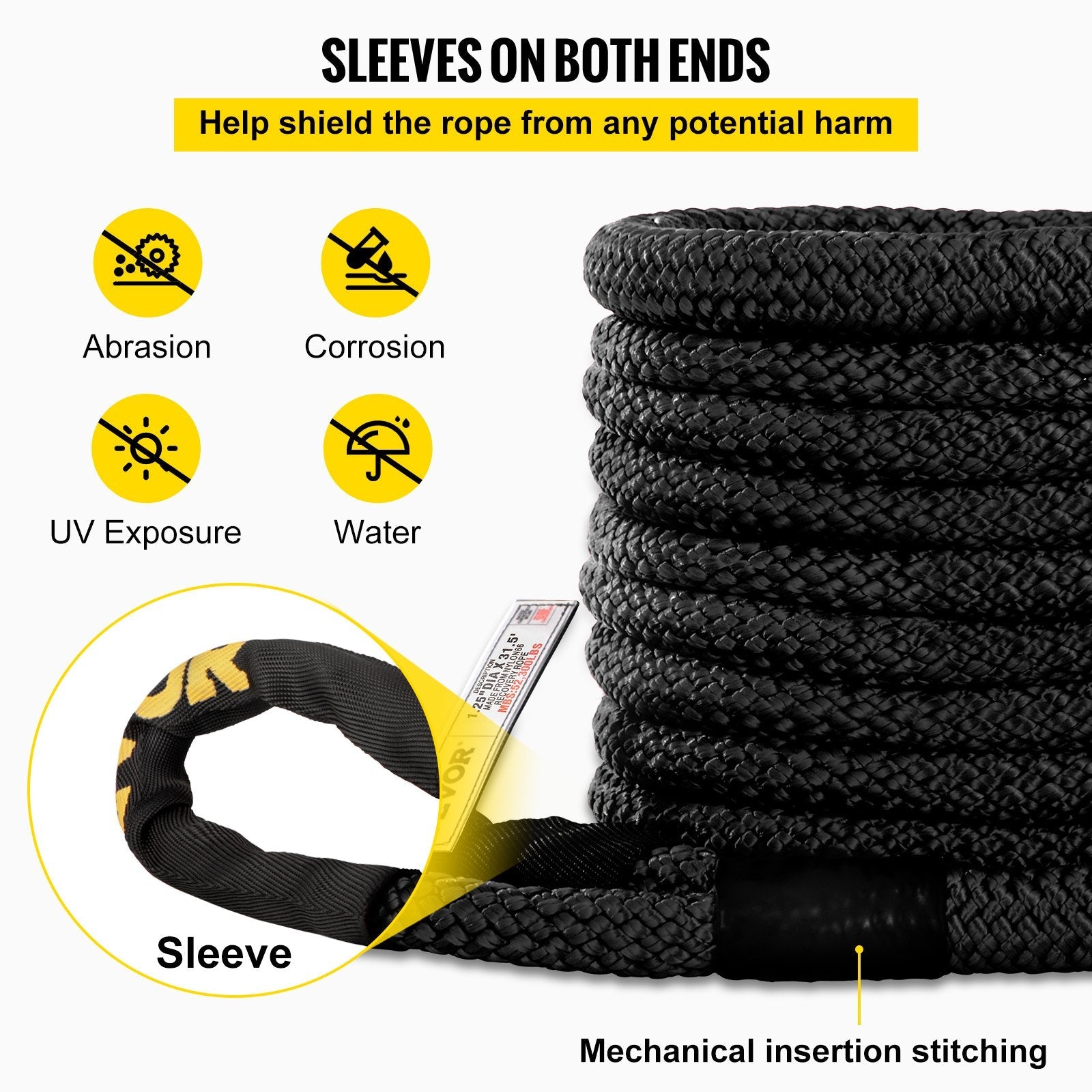 VEVOR 1-1/4" x 31.5' Recovery Tow Rope, 52,300 lbs, Heavy Duty Nylon Double Braided Kinetic Energy Rope w/ Loops and Protective Sleeves, for Truck Off-Road Vehicle ATV UTV, Carry Bag Included, Black