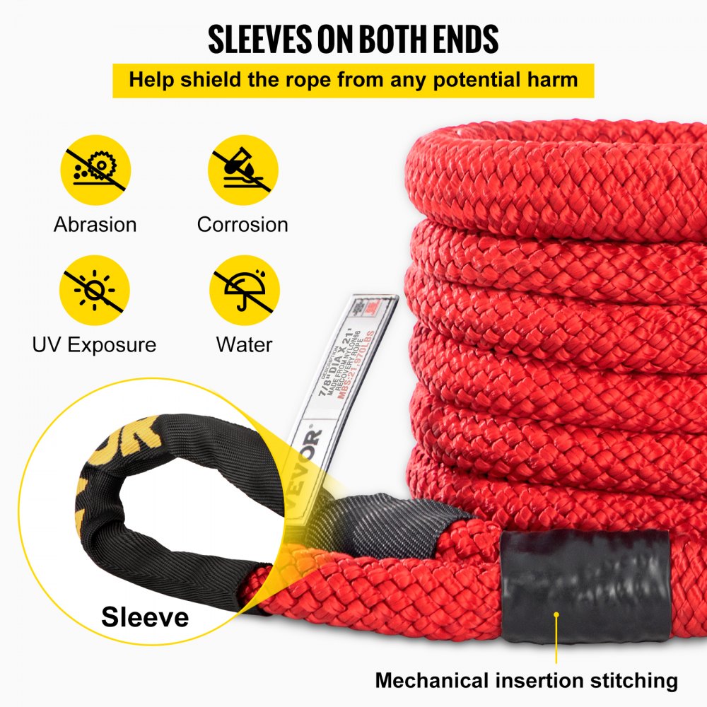 VEVOR 7/8" x 21' Kinetic Recovery Rope, 21,970 lbs, Heavy Duty Nylon Double Braided Kinetic Energy Rope w/ Loops and Protective Sleeves, for Truck Off-Road Vehicle ATV UTV, Carry Bag Included, Red