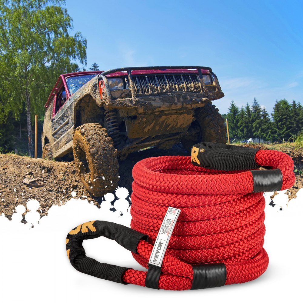 VEVOR 7/8" x 21' Kinetic Recovery Rope, 21,970 lbs, Heavy Duty Nylon Double Braided Kinetic Energy Rope w/ Loops and Protective Sleeves, for Truck Off-Road Vehicle ATV UTV, Carry Bag Included, Red