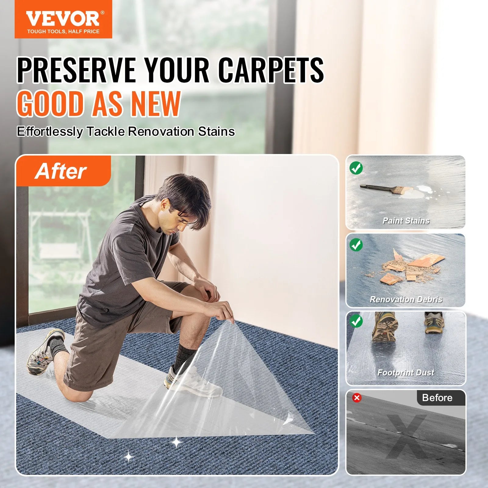 VEVOR Carpet Protection Film, 36" x 200' Floor and Surface Shield with Self Adhesive Backing & Easy Installation, Polyethylene Adhesive Car Mat Protector Roll for Construction & Renovation
