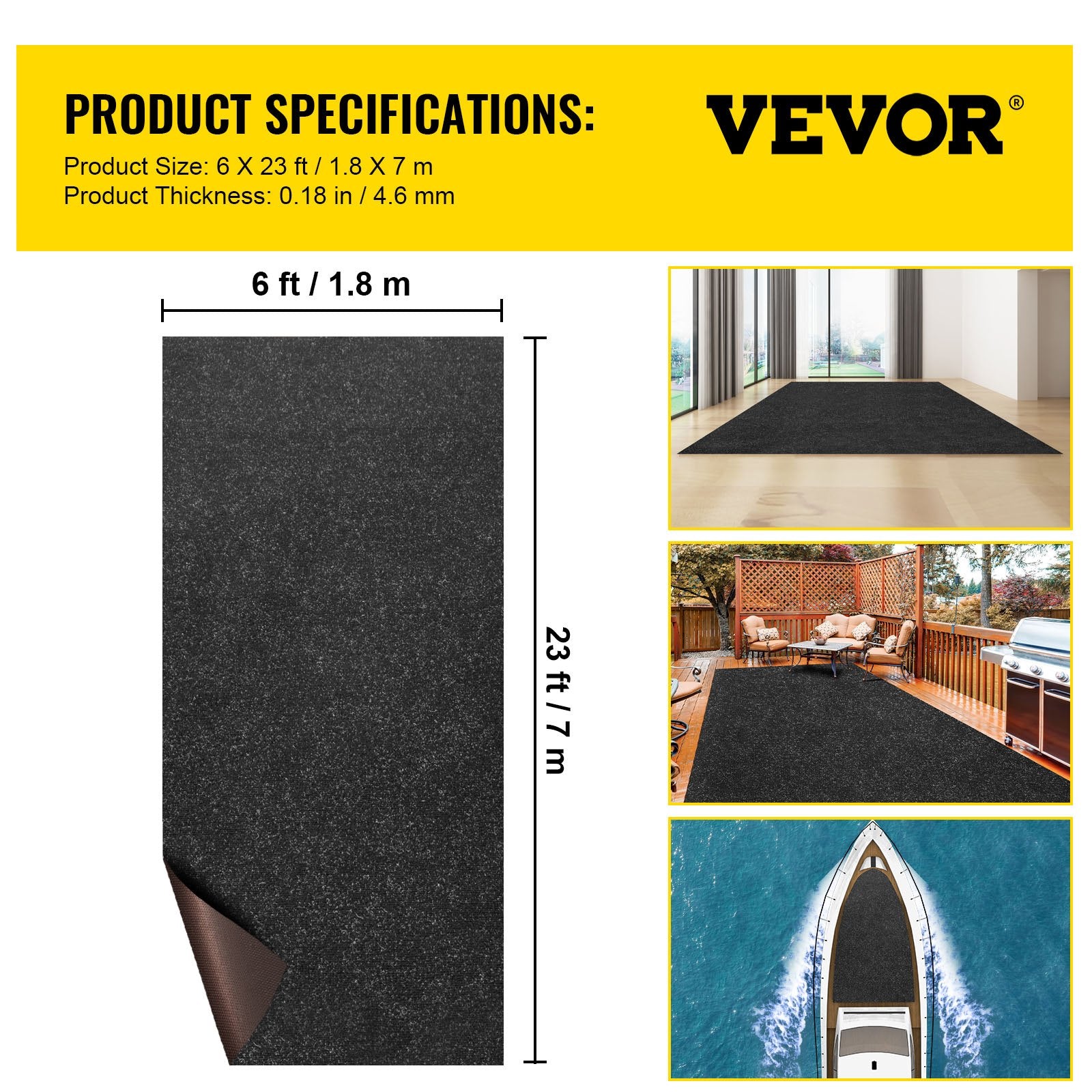 VEVOR Marine Carpet, 6 x 23 ft Charcoal Black Marine Grade Boat Carpet, Marine Carpeting with Soft Cut Pile and Water-Proof TPR Backing, Carpet Roll for Home, Patio, Porch, Deck