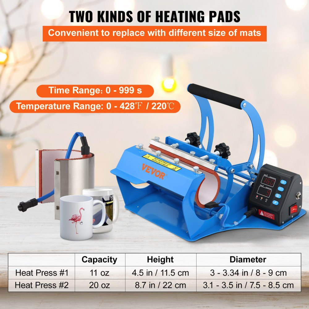 VEVOR Mug Heat Press, 11oz/11.5cm and 20oz/22cm Two Platens, LCD Cup Press Machine with Detachable Transfer Sublimation Mats, DIY Presser for Coffee Skinny Tumblers, Silica-Gel Printing, Blue