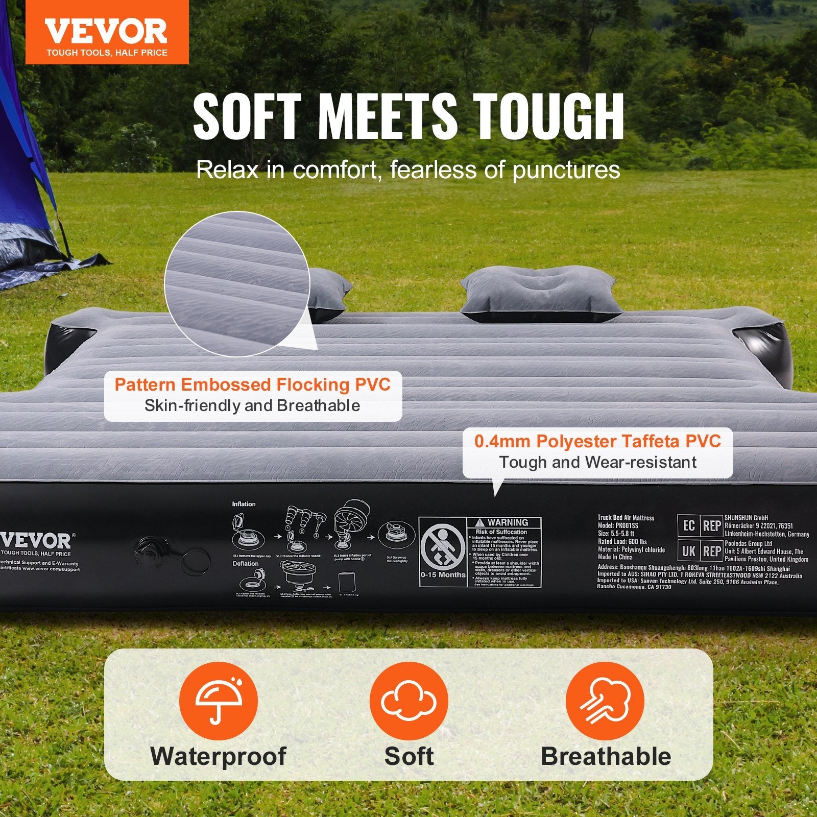VEVOR Truck Bed Air Mattress, for 5.5-5.8 ft Full Size Short Truck Beds, Inflatable Air Mattress Camping Bed with 12V Air Pump 2 Pillows, Carry Bag, for Silverado, RAM, F Series, Sierra, Titan, Tundra