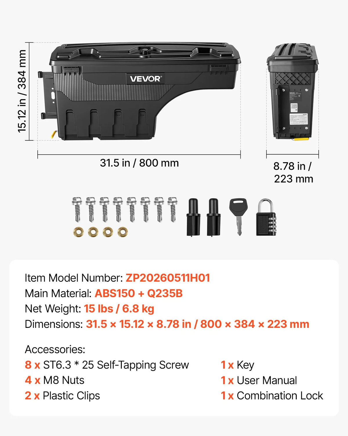 Truck Bed Storage Box 6.6 Gal/25L, Waterproof Wheel Well Tool Box with Anti-Theft Locks – Driver Side, Fits Dodge Ram 1500/2500/3500
