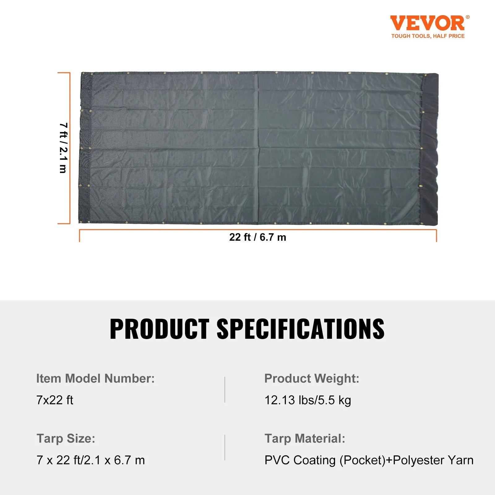 VEVOR Dump Truck Mesh Tarp, 7 x 22 ft, PVC Coated Black Heavy Duty Cover with 5.5" 18oz Double Pocket, Brass Grommets, Reinforced Double Needle Stitch Webbing Fits Manual or Electric Dump Truck System