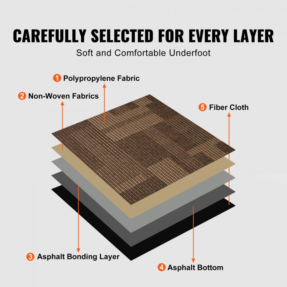 VEVOR Carpet Tiles Reusable, 24"x 24"Carpet Squares With Padding Attached, Soft Padded Carpet Tiles, Easy Install DIY for Bedroom Living Room (24Tiles, Mixed Brown)