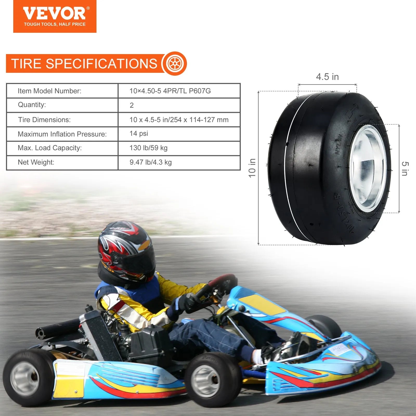 VEVOR Go Kart Tires and Rims, 10x4.5-5" Go Kart Wheels, 2-Pack Front Wheels, Aluminum Alloy Rims and Rubber Tires, Hub-Rim Fit Bolt Pattern 1.57 inch with 3 Bolt Holes, Replacement Pneumatic Tire