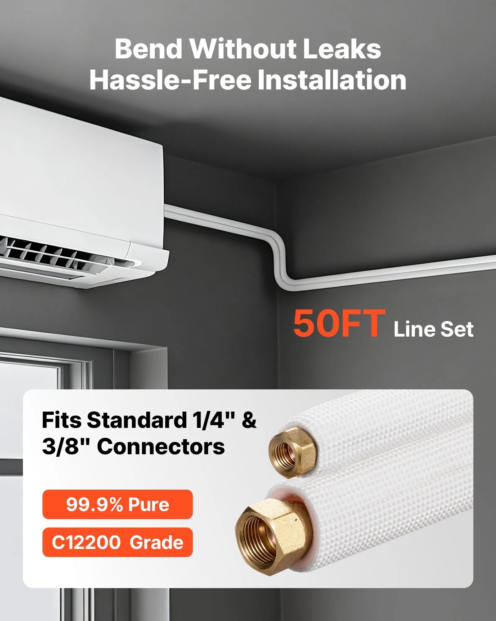 VEVOR 50ft Mini Split Line Set, 1/4” & 3/8” OD AC Copper Tubing Pipe, 3/8 White PE Thickened Insulated Coil with Flared Nuts, Strapping Tapes, for Mini Split Air Conditioner HVAC or Heat Pump System