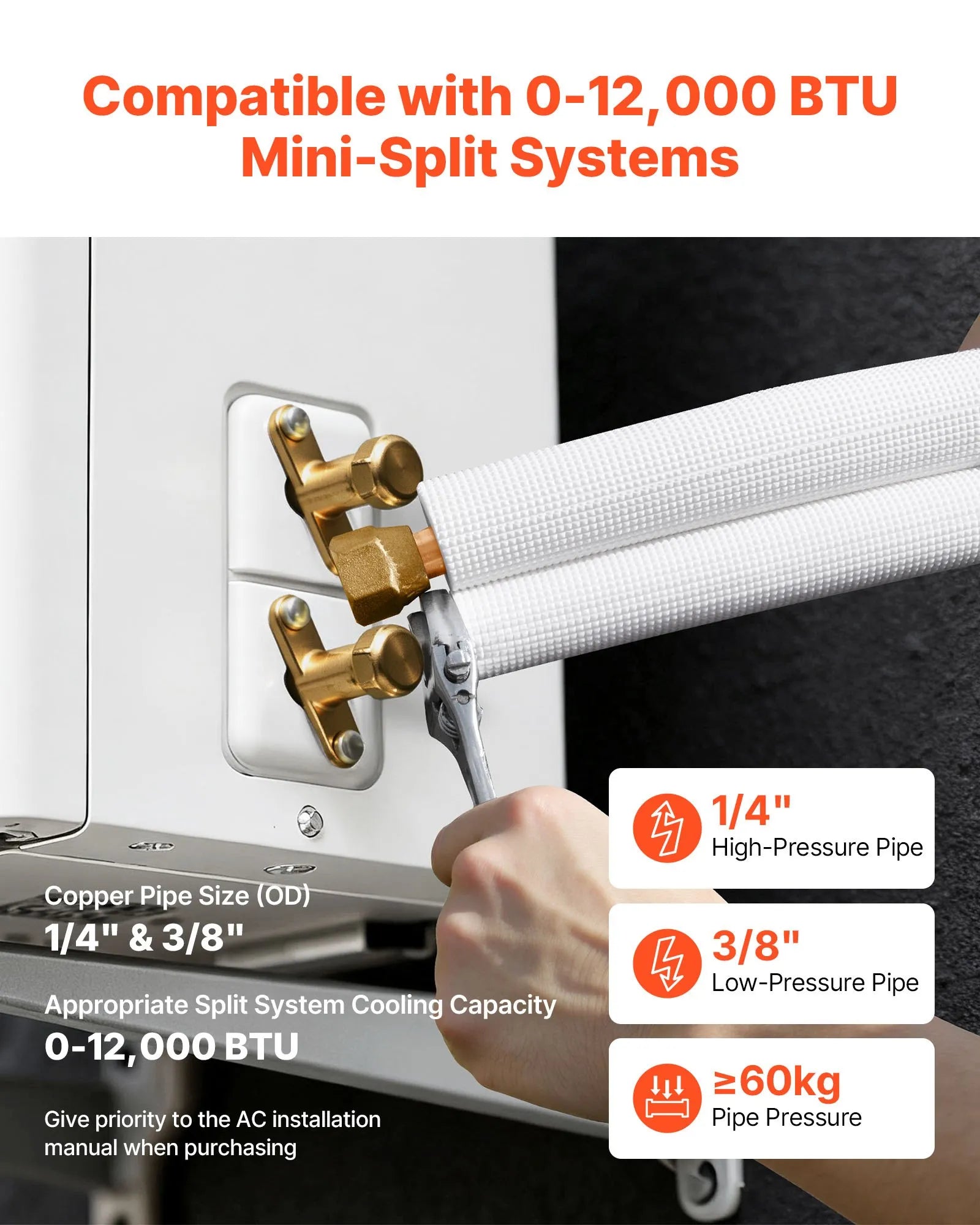 VEVOR 50ft Mini Split Line Set, 1/4” & 3/8” OD AC Copper Tubing Pipe, 3/8 White PE Thickened Insulated Coil with Flared Nuts, Strapping Tapes, for Mini Split Air Conditioner HVAC or Heat Pump System