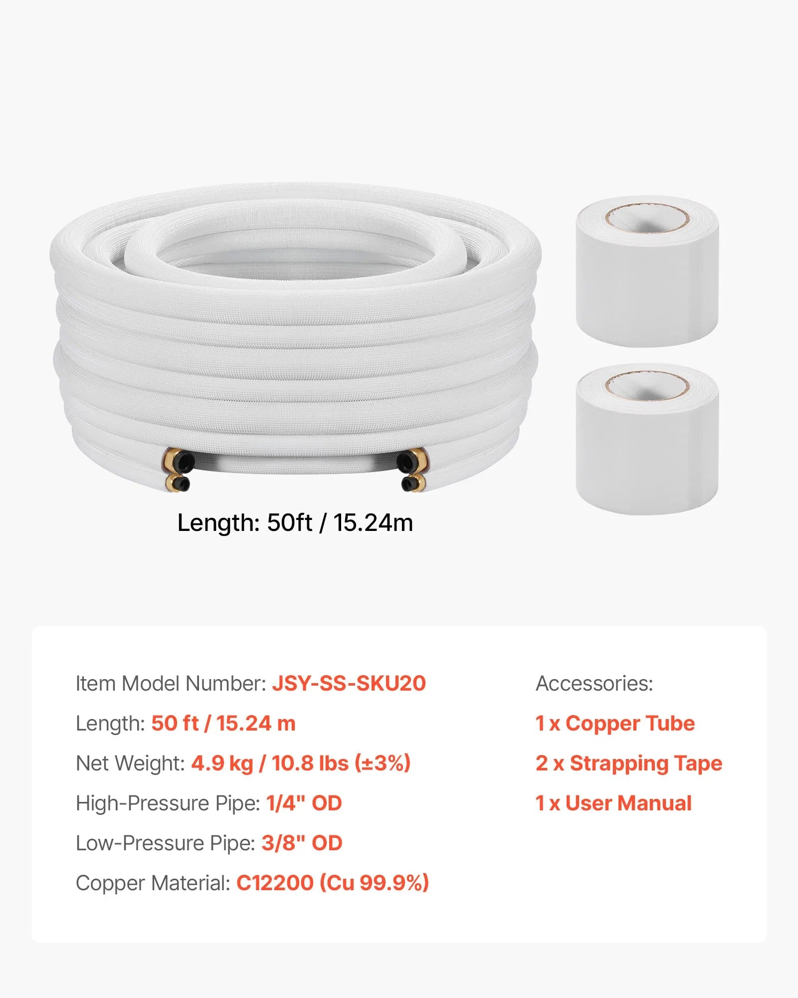 VEVOR 50ft Mini Split Line Set, 1/4” & 3/8” OD AC Copper Tubing Pipe, 3/8 White PE Thickened Insulated Coil with Flared Nuts, Strapping Tapes, for Mini Split Air Conditioner HVAC or Heat Pump System