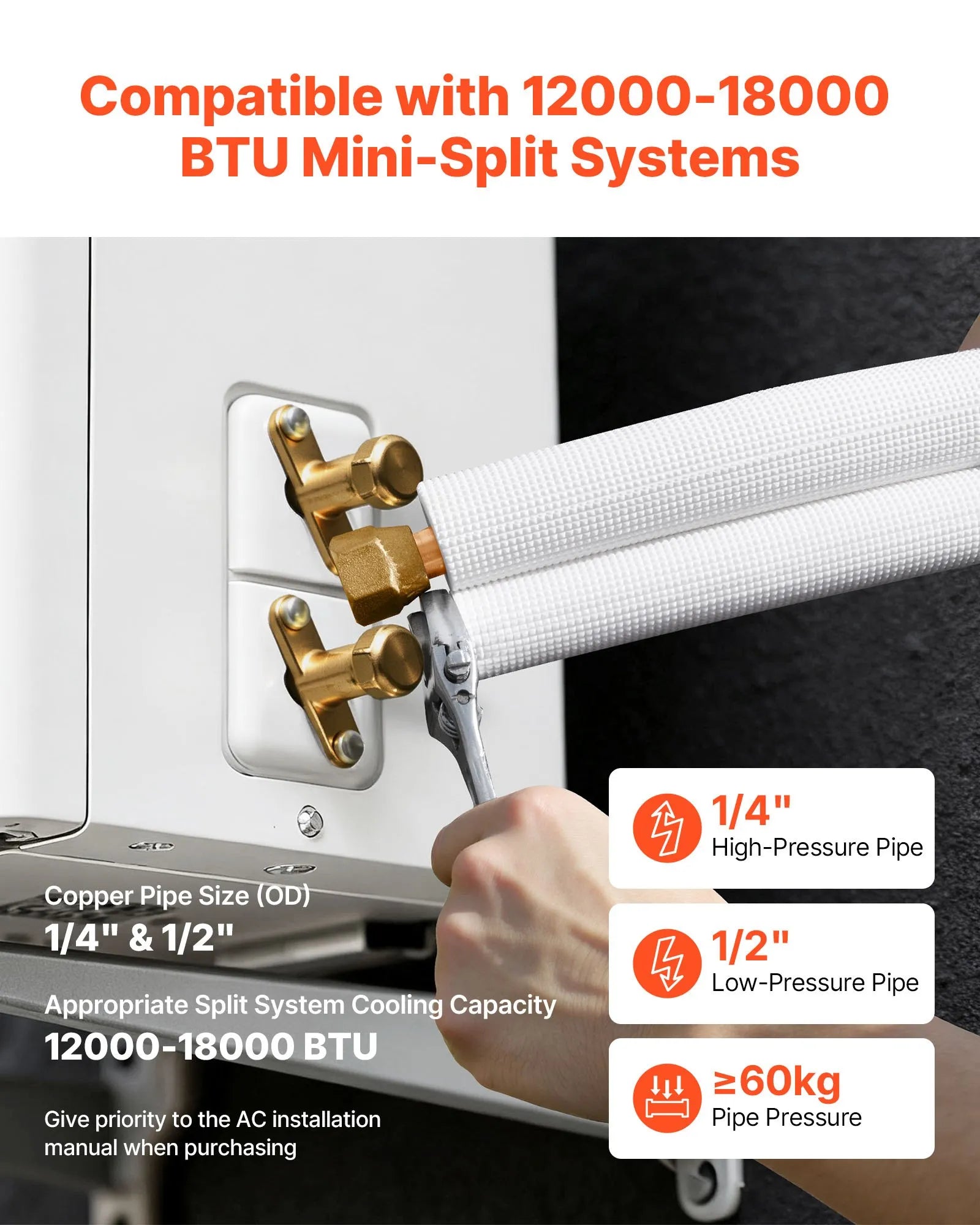 VEVOR 100ft Mini Split Line Set, 1/4” & 1/2” OD AC Copper Tubing Pipe, 3/8 White PE Thickened Insulated Coil with Flared Nuts, Strapping Tapes, for Mini Split Air Conditioner HVAC or Heat Pump System