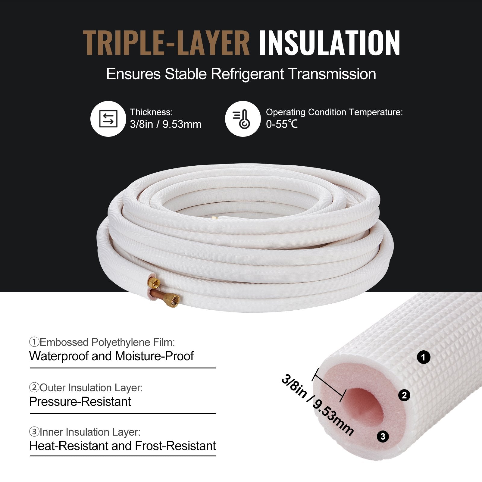 VEVOR 50FT Mini Split Line Set, 3/8" & 5/8" O.D Copper Pipes Tubing and Triple-Layer Insulation, for Mini Split Air Conditioning Refrigerant or Heating Pump Equipment & HVAC with Wrapping Strips.