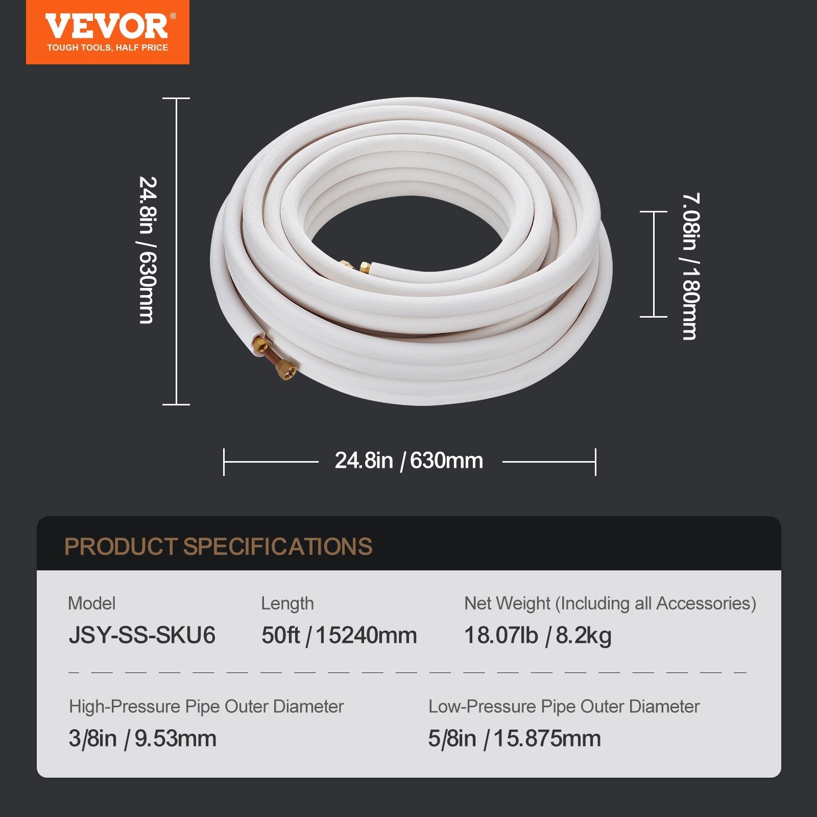 VEVOR 50FT Mini Split Line Set, 3/8" & 5/8" O.D Copper Pipes Tubing and Triple-Layer Insulation, for Mini Split Air Conditioning Refrigerant or Heating Pump Equipment & HVAC with Wrapping Strips.