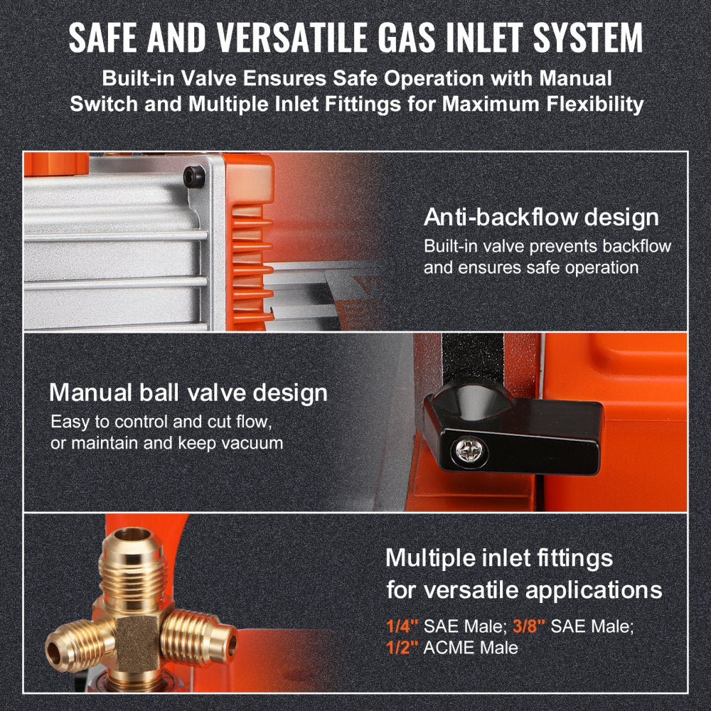 VEVOR 1/2 HP 2 Stage Rotary Vane Vacuum Pump, 5 CFM, 115V Air Conditioning Vacuum Pump, 1/4" SAE Male 3/8" SAE Male 1/2" ACME Male Inlet, for HVAC Repair, Refrigeration Maintenance, Resin Degassing