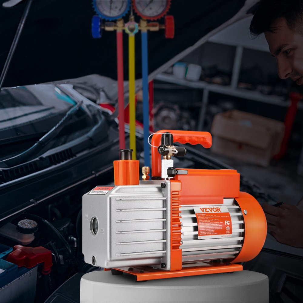 VEVOR 1/2 HP 2 Stage Rotary Vane Vacuum Pump, 5 CFM, 115V Air Conditioning Vacuum Pump, 1/4" SAE Male 3/8" SAE Male 1/2" ACME Male Inlet, for HVAC Repair, Refrigeration Maintenance, Resin Degassing