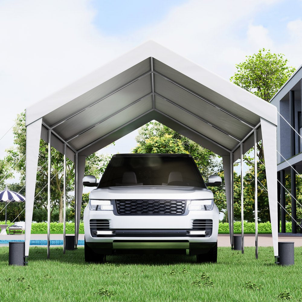 VEVOR Carport, Heavy Duty 10x20ft Car Canopy, Outdoor Garage Shelter with 8 Reinforced Poles and 4 Weighted Bags, UV Resistant Waterproof Portable Instant Car Garage Tent for Party Garden Boat, White