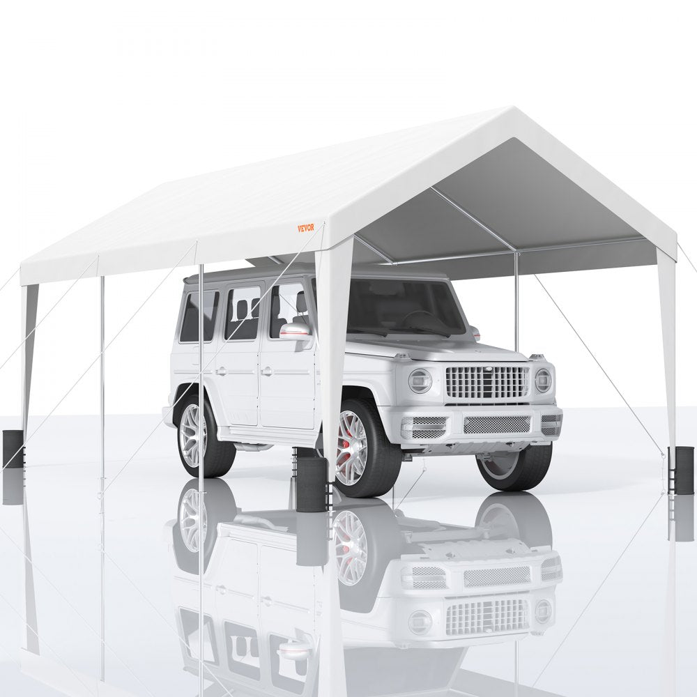 VEVOR Carport, Heavy Duty 10x20ft Car Canopy, Outdoor Garage Shelter with 8 Reinforced Poles and 4 Weighted Bags, UV Resistant Waterproof Portable Instant Car Garage Tent for Party Garden Boat, White