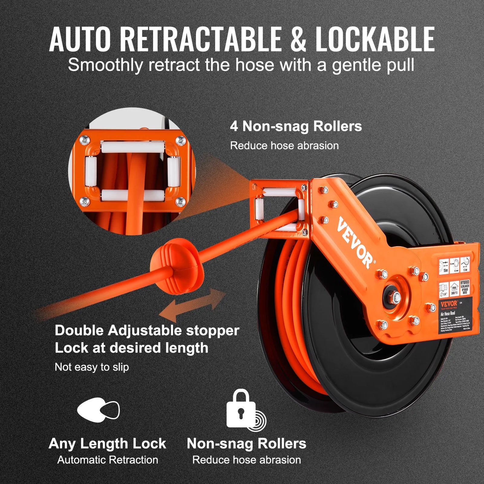 VEVOR Retractable Air Hose Reel 3/8 IN x 50 FT Hybrid Air Hose Max 300 PSI