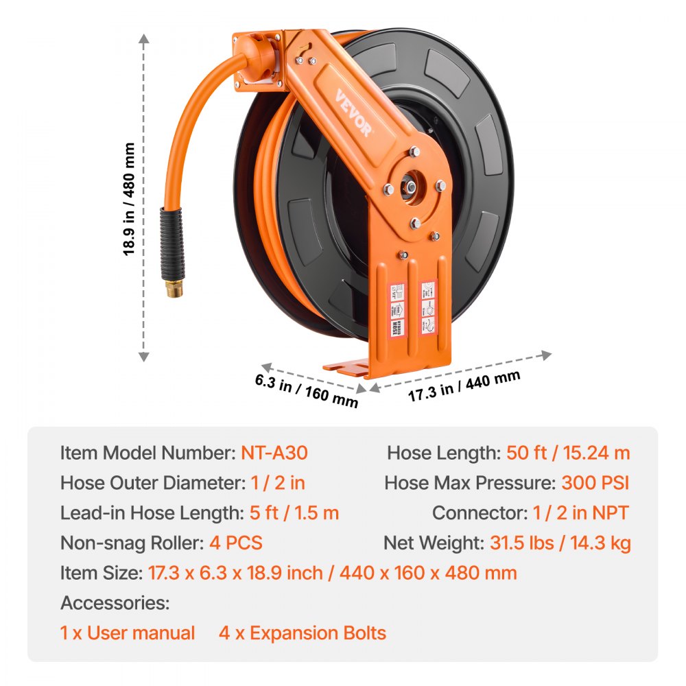 VEVOR Retractable Air Hose Reel 1/2 IN x 50 FT Hybrid Air Hose Reel Max 300 PSI