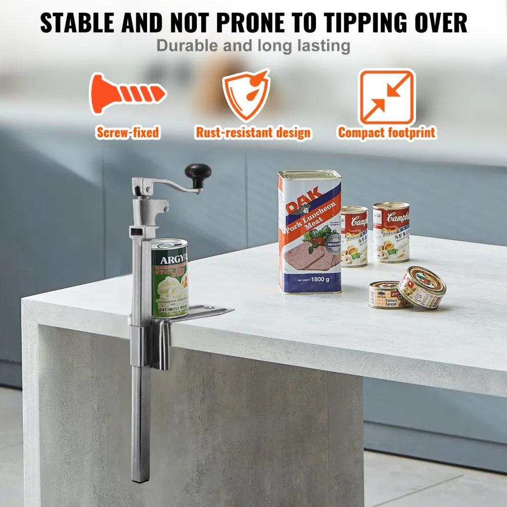 VEVOR Commercial Can Opener, Heavy-Duty Manual Tabletop Cans Opener for Cans Up to 11.8 in Height, Height-Adjustable Professional Can Openers Fixed with Screws, for Restaurant, Hotel, and Food Store