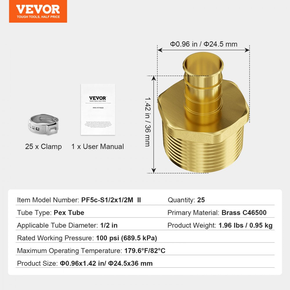 VEVOR Pipe Fittings 1/2" 25PCS Brass Clamp-style 1/2 NPT External Thread for Air