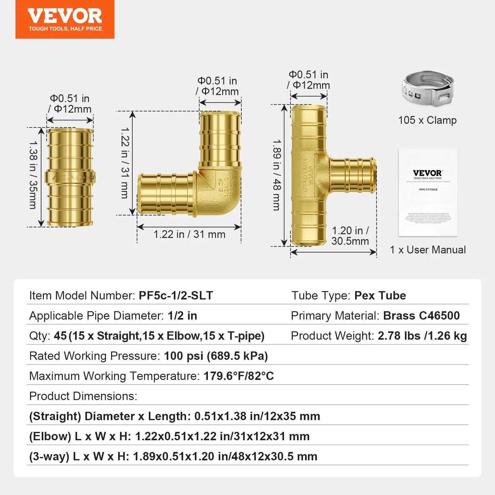 VEVOR Pipe Fittings 3/4" 12PCS Brass Clamp-style 3/4 NPT for Air System
