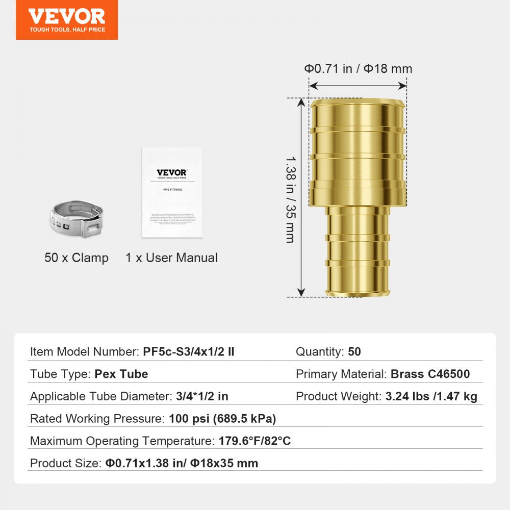VEVOR Pipe Fittings 1/2"-3/4" 50PCS Brass Clamp-style 1/2 NPT Internal Thread