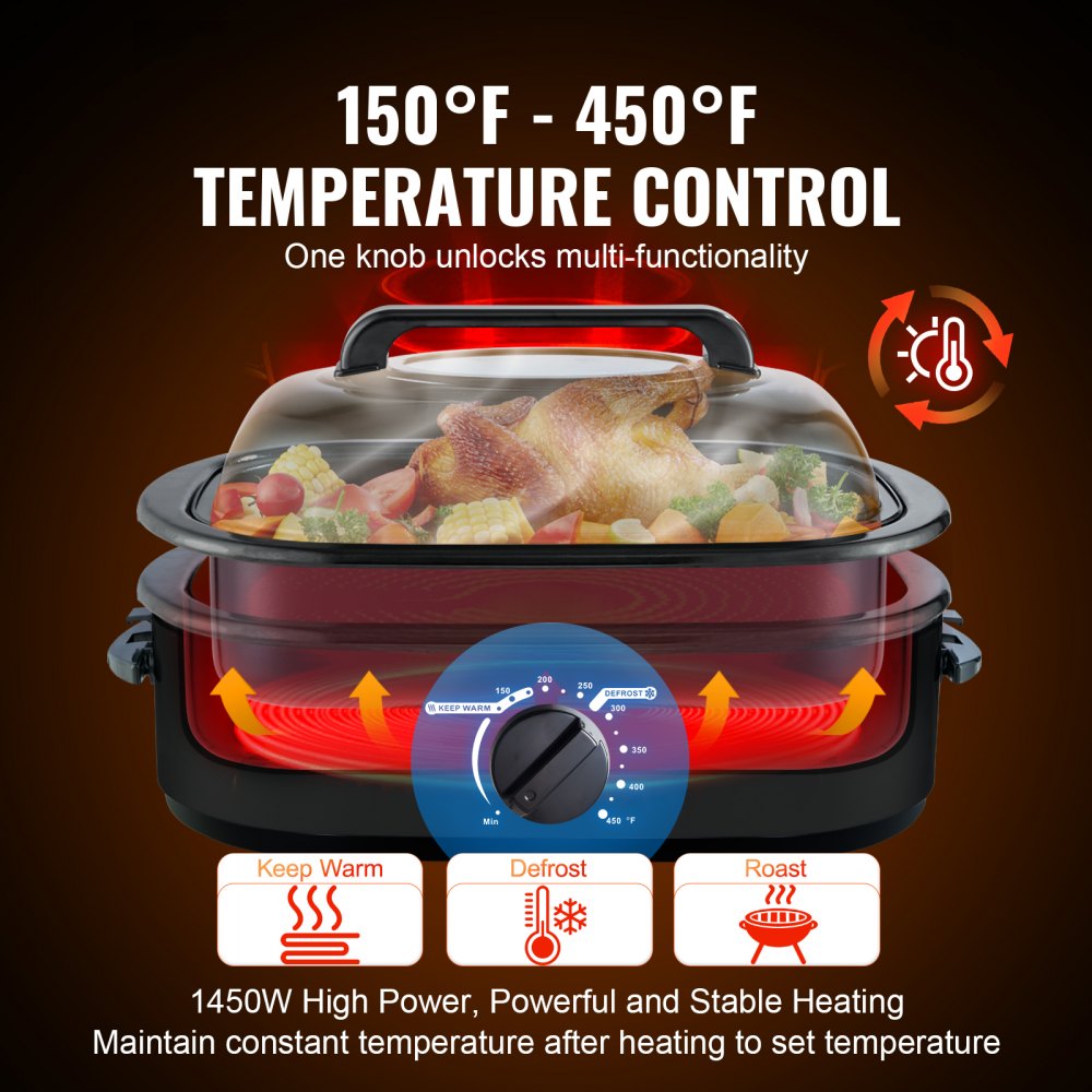 VEVOR Electric Roaster Oven, 24 QT Turkey Roaster Oven with Self-Basting Lid, 1450W Roaster Oven with Defrost & Warm Function, Adjustable Temp, Removable Pan & Rack, Fits Turkeys Up to 28LBS, Black