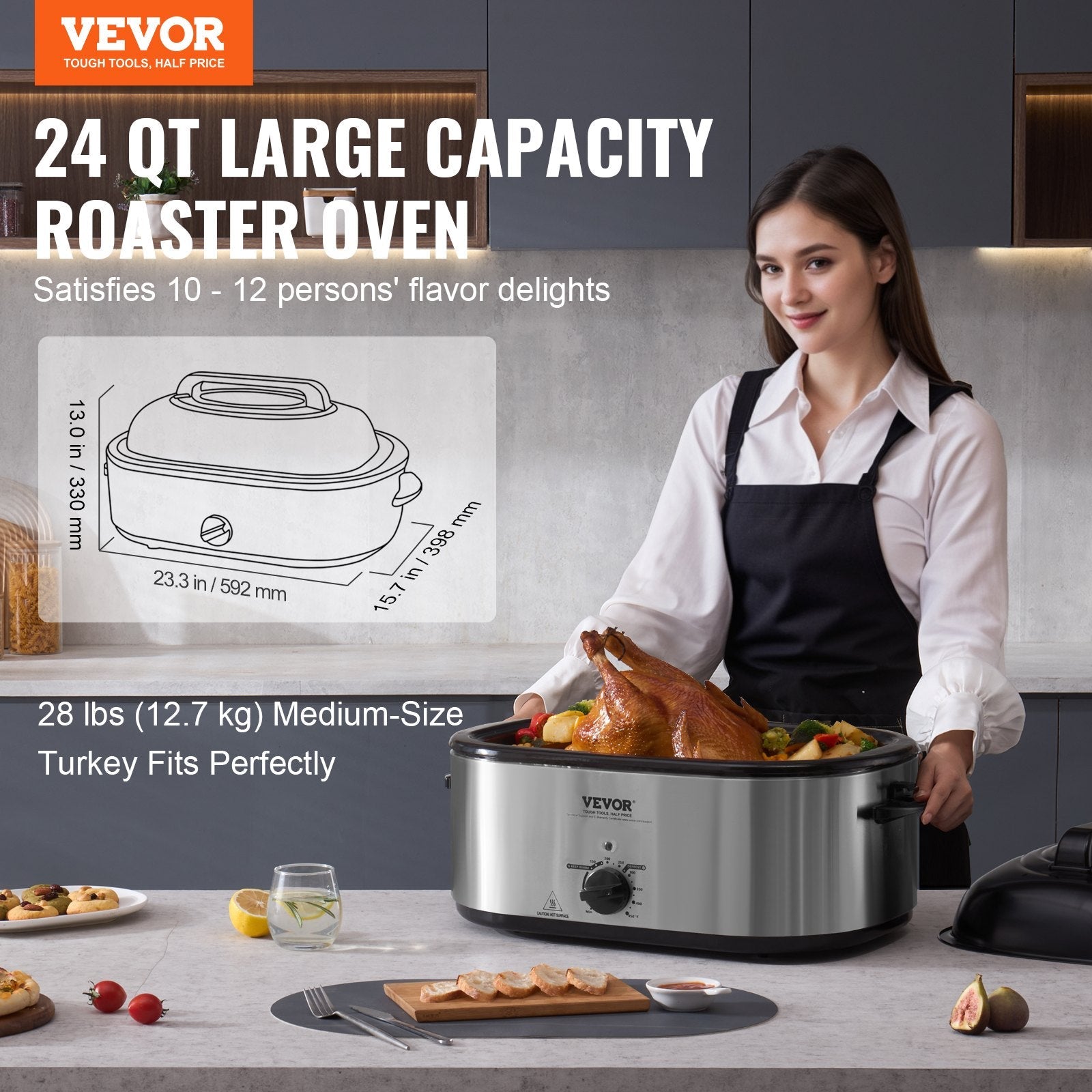 VEVOR Electric Roaster Oven, 24 QT Turkey Roaster Oven with Self-Basting Lid, 1450W Roaster Oven with Defrost & Warm Function, Adjustable Temp, Removable Pan & Rack, Fits Turkeys Up to 28LBS, Silver