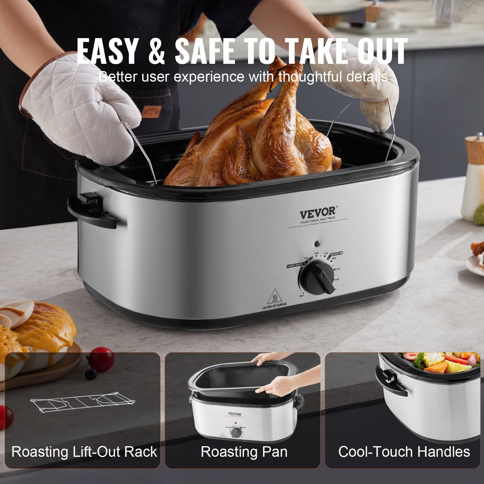 VEVOR Electric Roaster Oven, 24 QT Turkey Roaster Oven with Self-Basting Lid, 1450W Roaster Oven with Defrost & Warm Function, Adjustable Temp, Removable Pan & Rack, Fits Turkeys Up to 28LBS, Silver