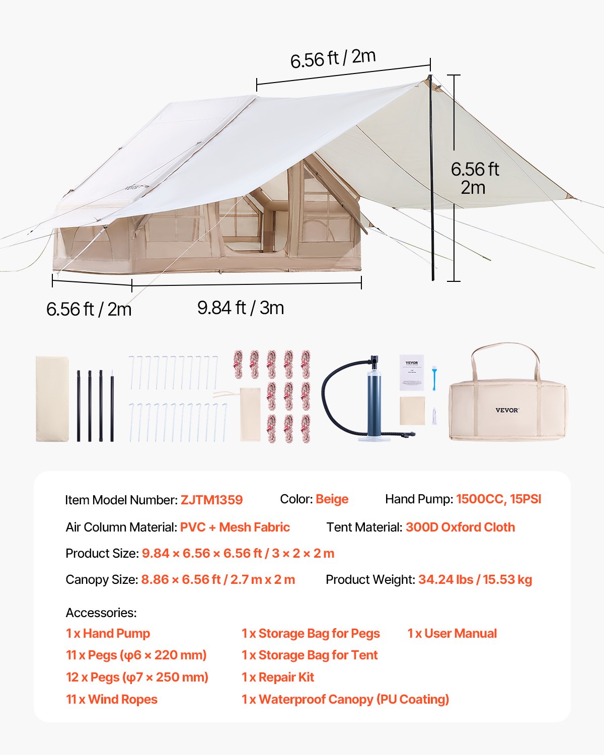 VEVOR Inflatable Tent for Camping 3-5 Person Glamping Tent with Pump Canopy