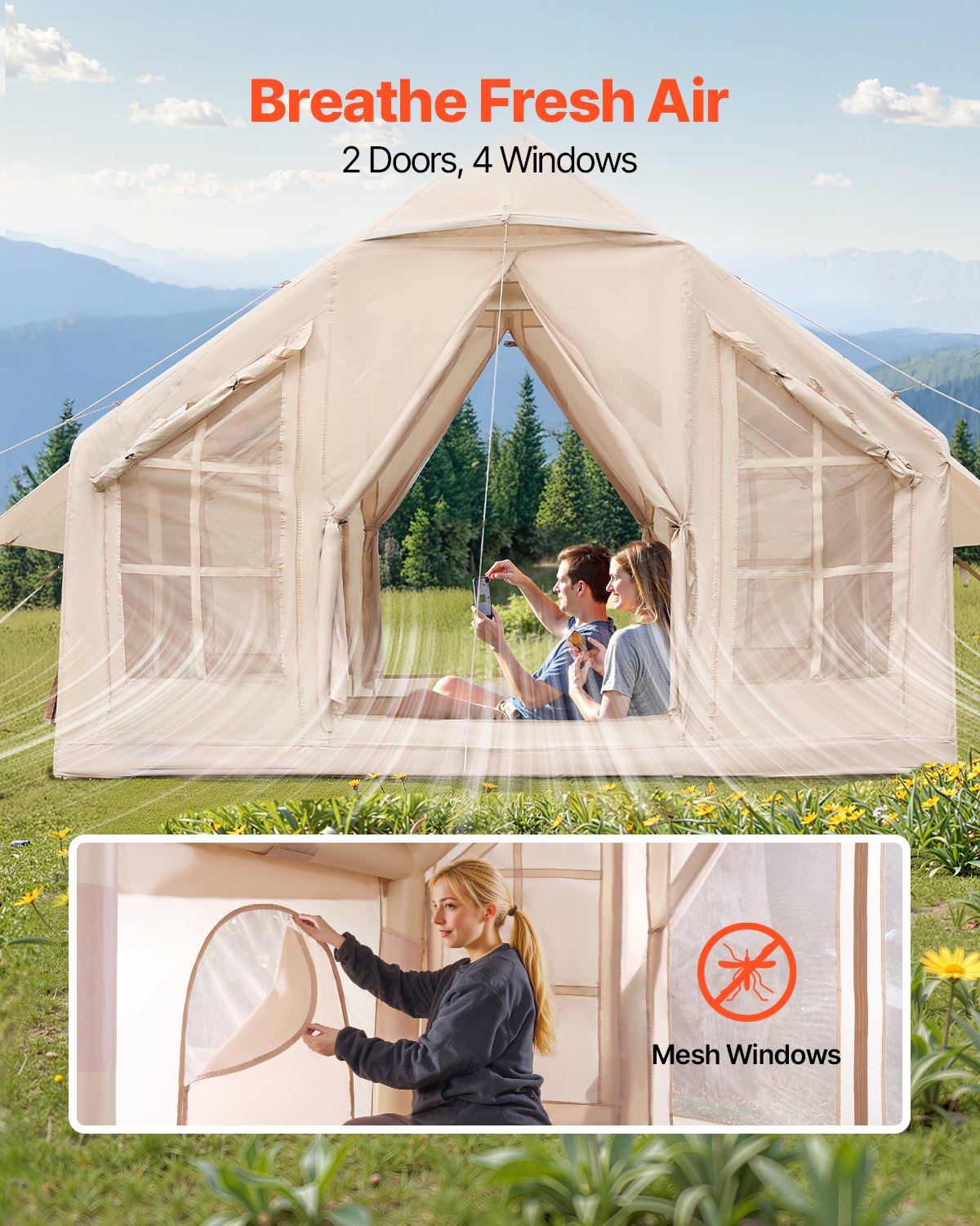 VEVOR Inflatable Tent for Camping 4-6 Person Glamping Tent with Pump Easy Set up