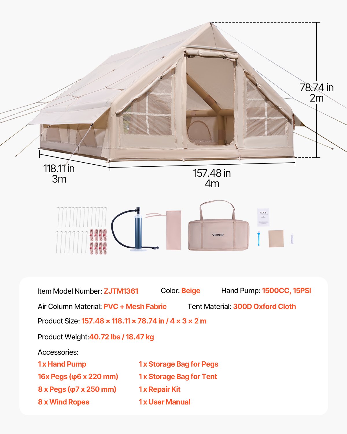 VEVOR Inflatable Tent for Camping 5-8 Person Glamping Tent with Pump Easy Set up
