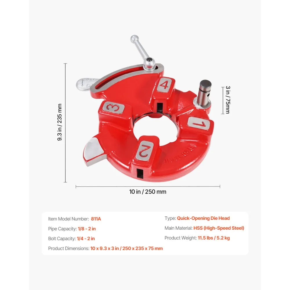 VEVOR Quick Opening Die Head 1/8" to 2" Pipe 1/4" to 2" Bolt Right-Handed Oiling