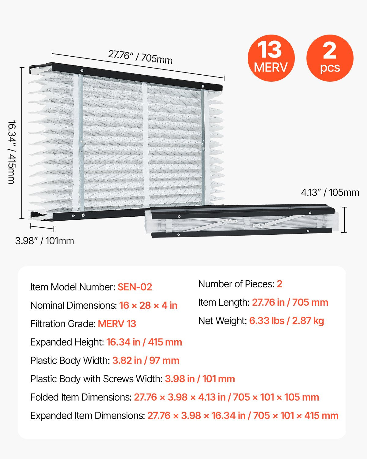 VEVOR Air Filters MERV 13 Electrostatic Pleated Furnace Filter 2-Pack 16x28x4