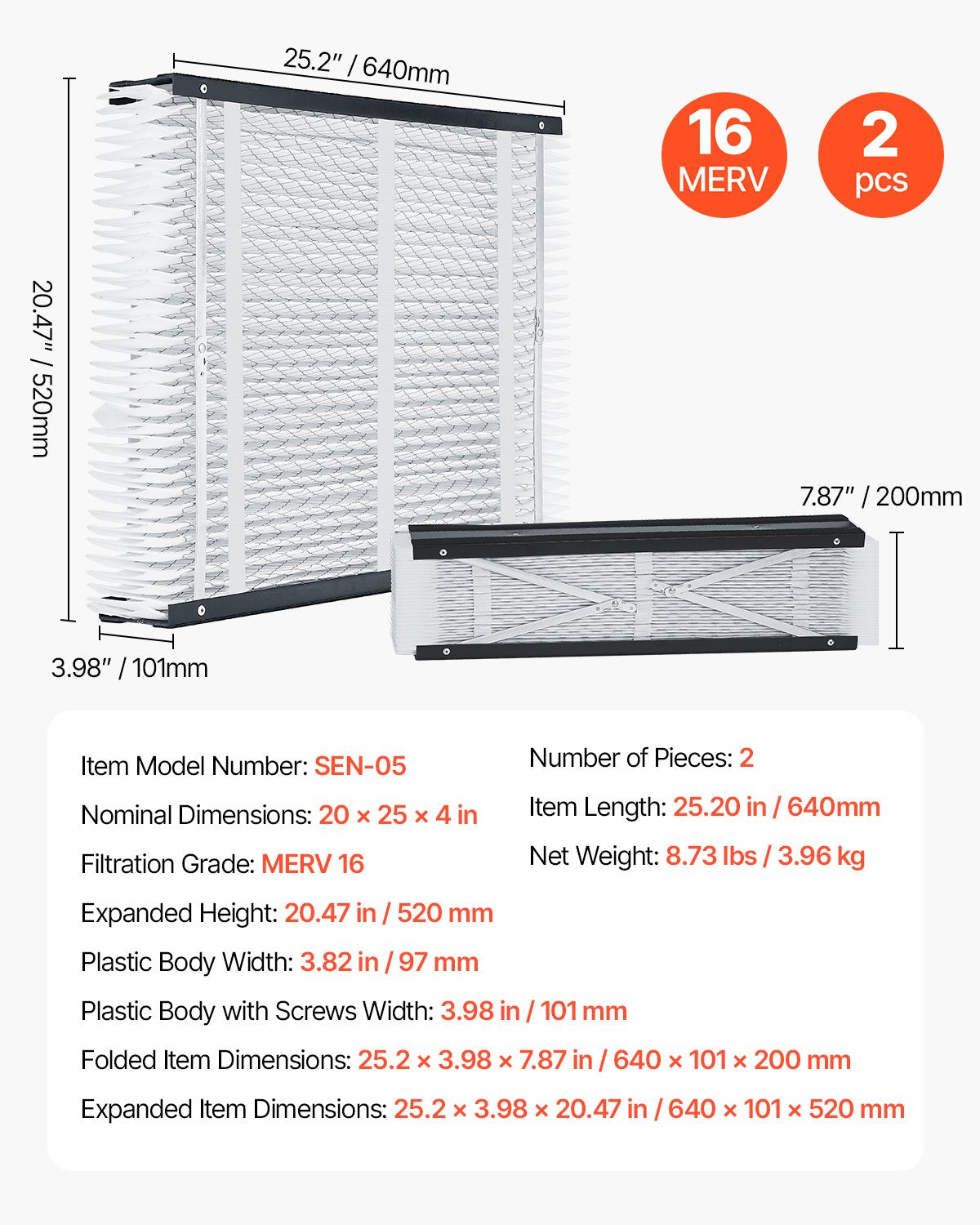 VEVOR Air Filters MERV 16 Electrostatic Pleated Furnace Filter 2-Pack 20x25x4