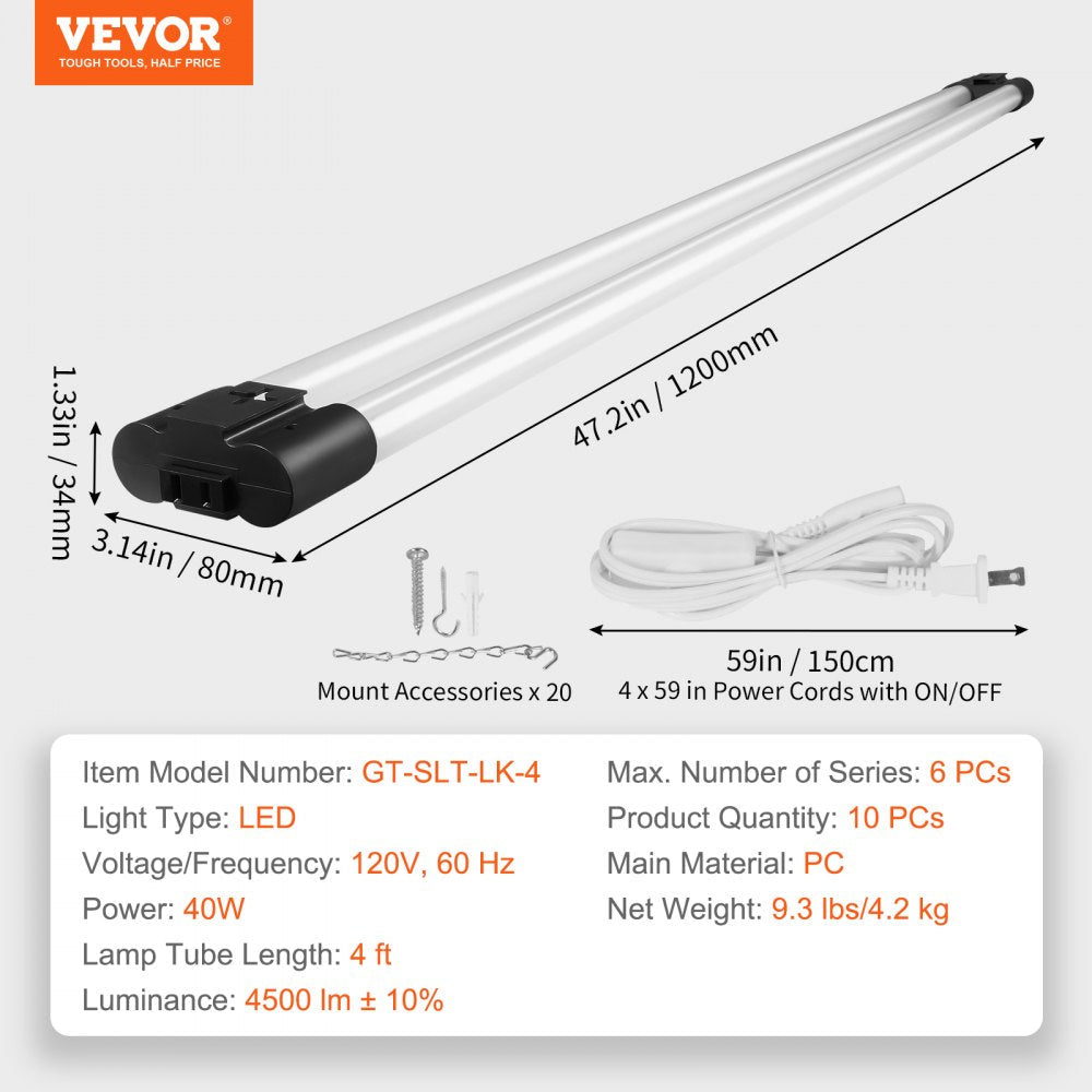 VEVOR 10 Pack LED Shop Light, 4 FT, 40W Linkable Shop Light Fixture, 4500 LM Surface & Hanging Mount Ceiling Lights 59 in Power Cords with ON/OFF Switch, for Garage Warehouse Home Workshop and Office