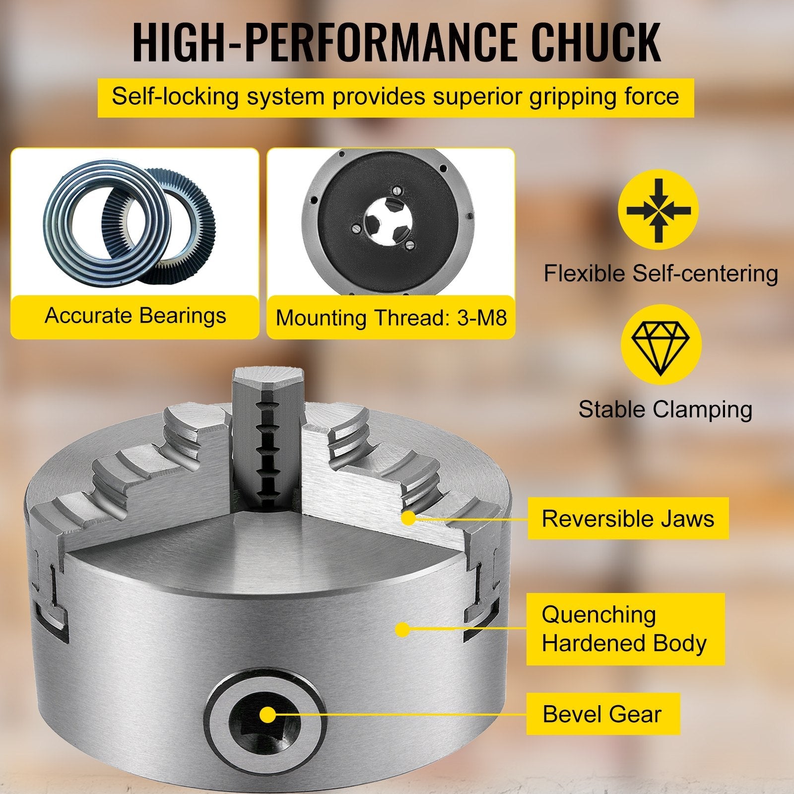 VEVOR K11-100 Lathe Chuck 4" ,Metal Lathe Chuck Self-centering 3 Jaw ,Lathe Chuck With Two Sets Of Jaws, for Grinding Machines Milling Machines