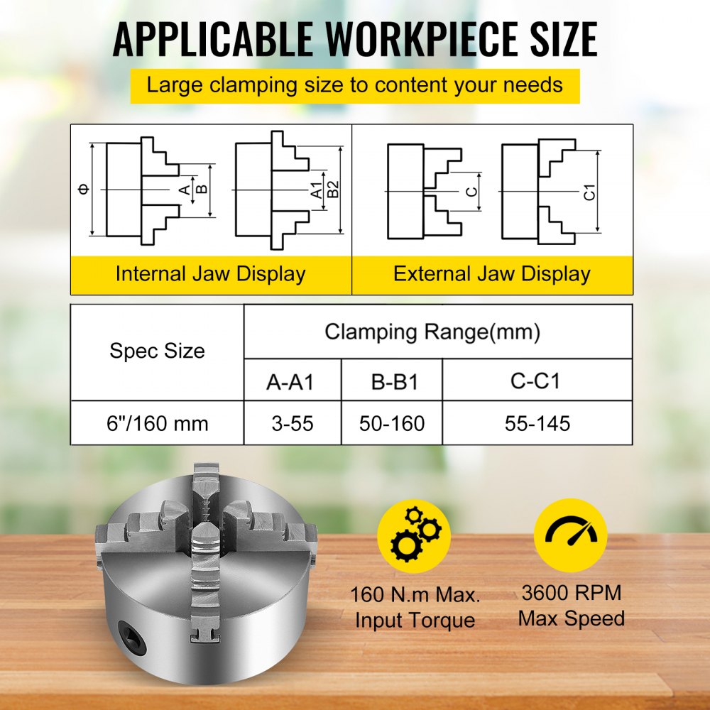 VEVOR K12-160 Lathe Chuck 6.3",Metal Lathe Chuck Self-Centering 4 Jaw,Lathe Chuck with Two Sets of Jaws, for Grinding Machines Milling Machines