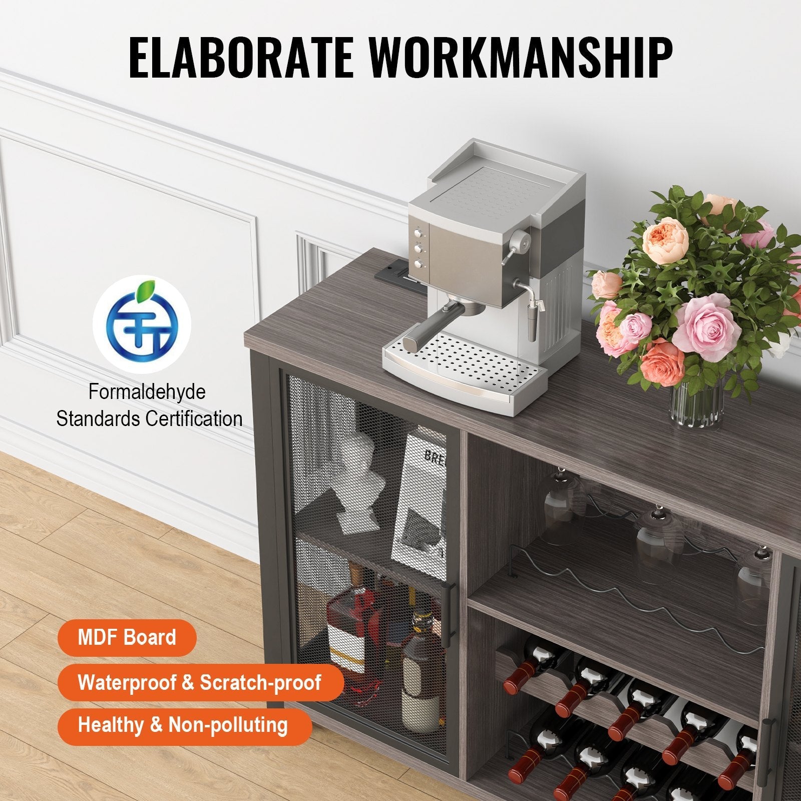 VEVOR 47 Inch Industrial Bar Cabinet, Wine Table for Liquor & Glasses, Sideboard Buffet Cabinet with Wine Rack, Freestanding Farmhouse Wood Coffee Bar Cabinet for Living Room, Home Bar, Kitchen White